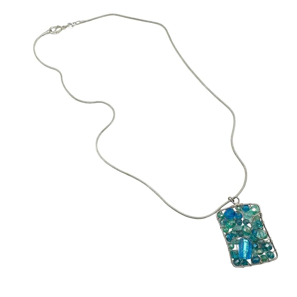 Wire Wrapped Blue Beaded Recatngle Pendant 18" 925 Silver Chain Necklace